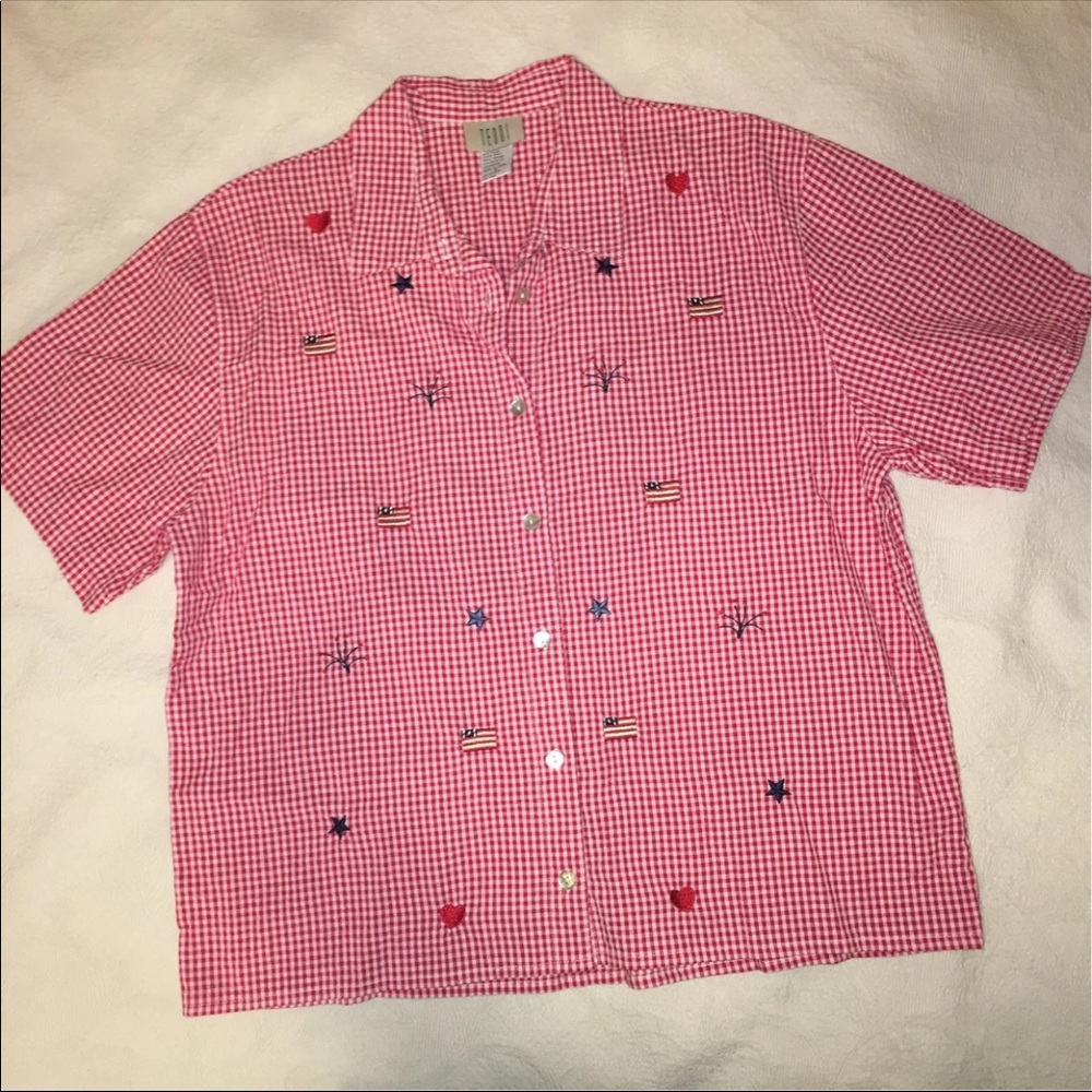 Teddi Red White Gingham Button-Down Shirt with Embroidered Stars & Hearts